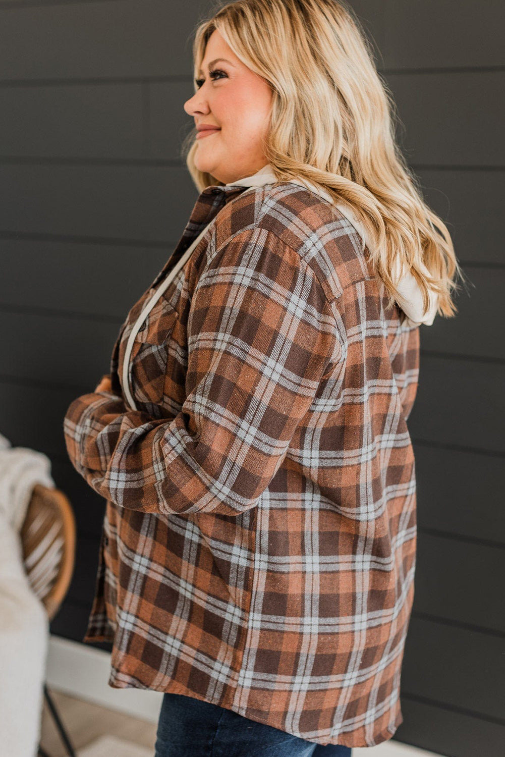 Cozy brown plaid hooded jacket for plus sizes