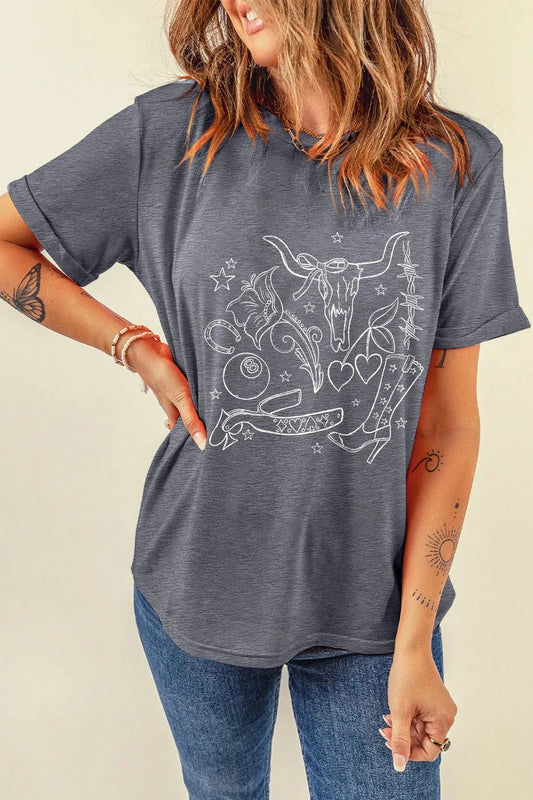 Cowgirl Boots OX Head Western Graphic Crewneck Tee Simply Love