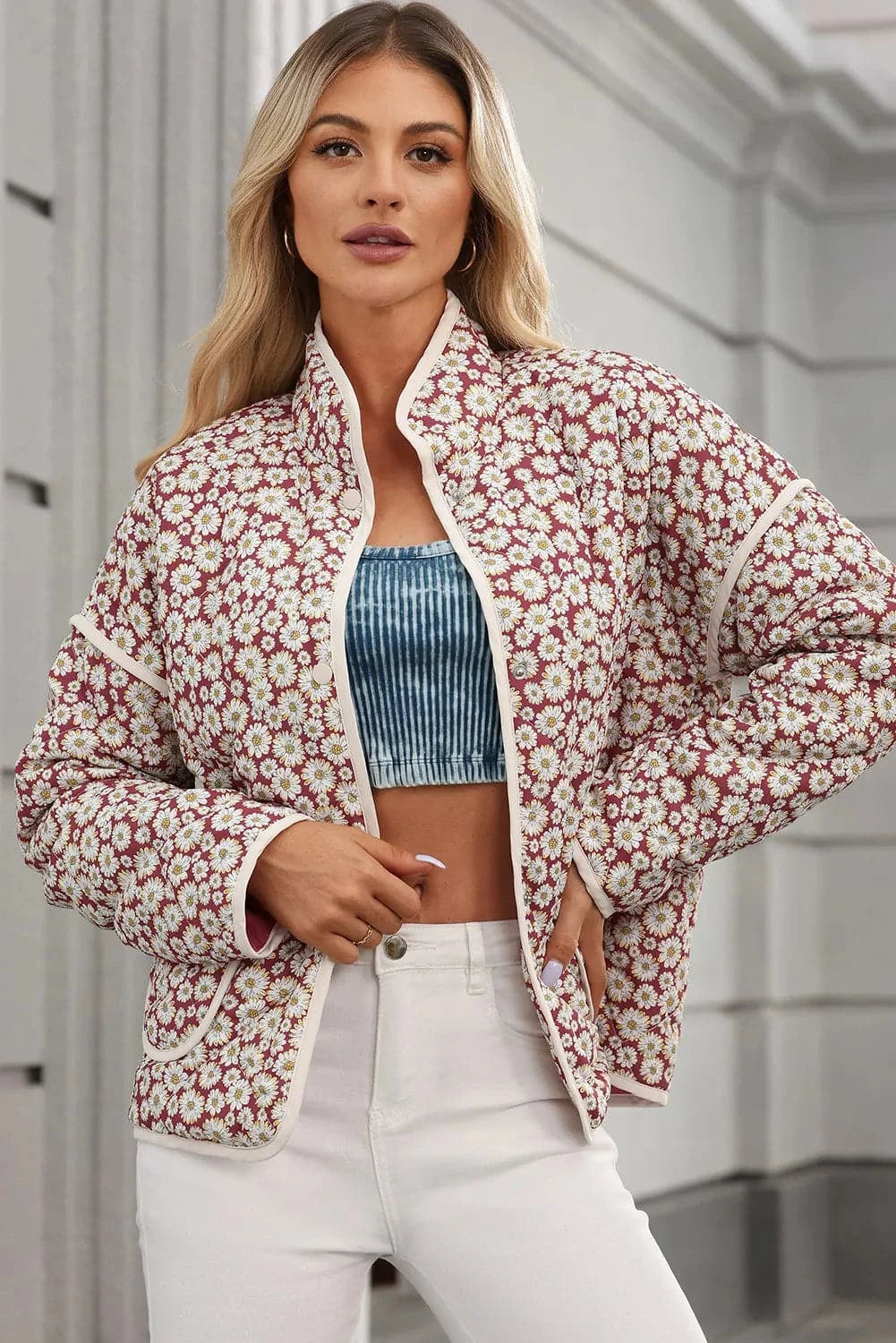 Chic floral mock neck coat