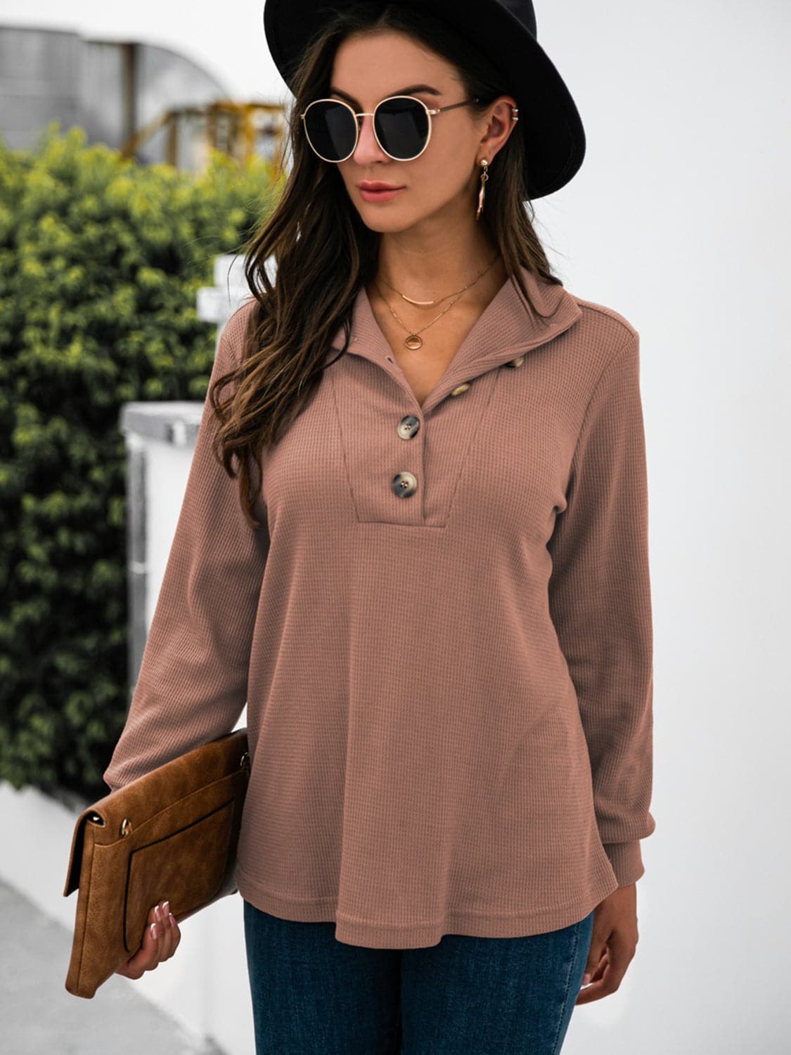 Chic half button long sleeve top