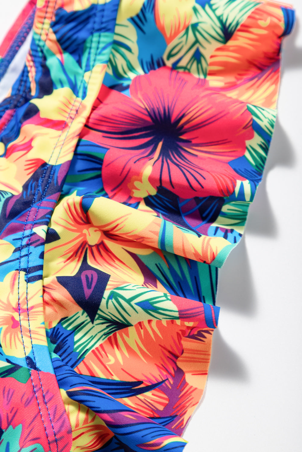 Tropical floral ruffle high waist bikini with front tie detail