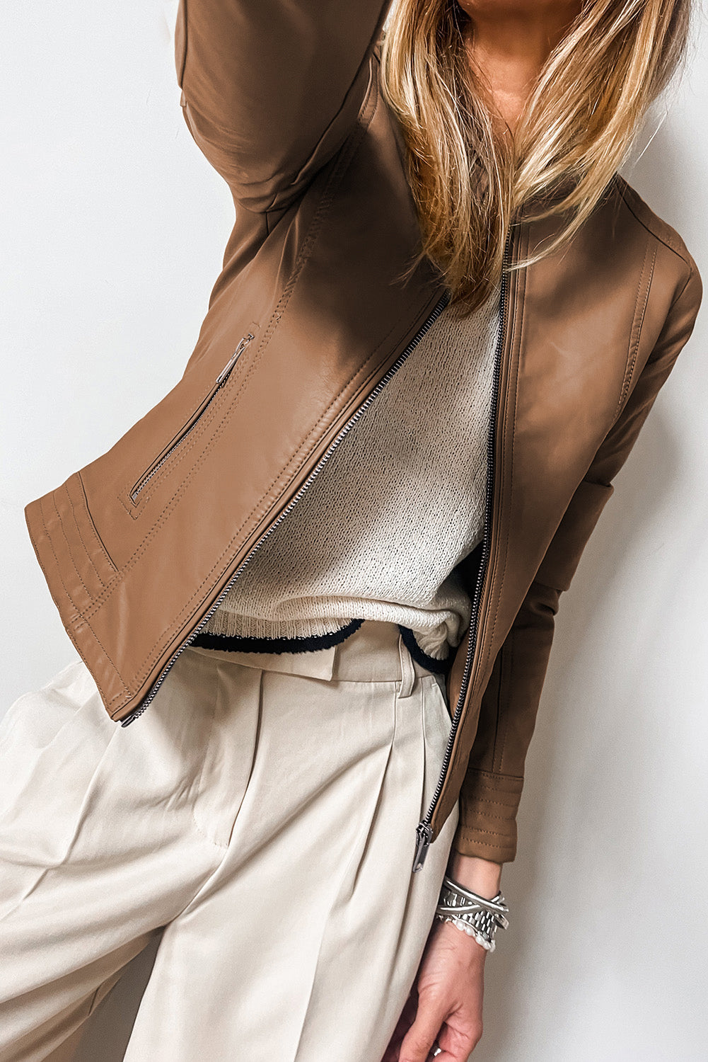 Chic chestnut faux leather bomber jacket with zipper details