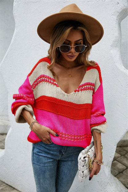 Color Block V-Neck Dropped Shoulder Sweater.