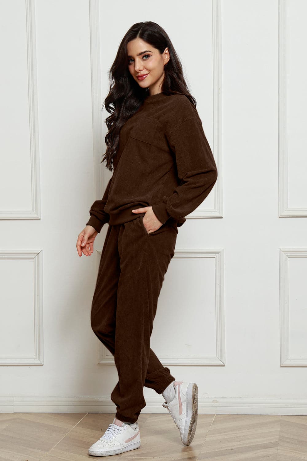 Corduroy Round Neck Sweatshirt and Sweatpants Set.