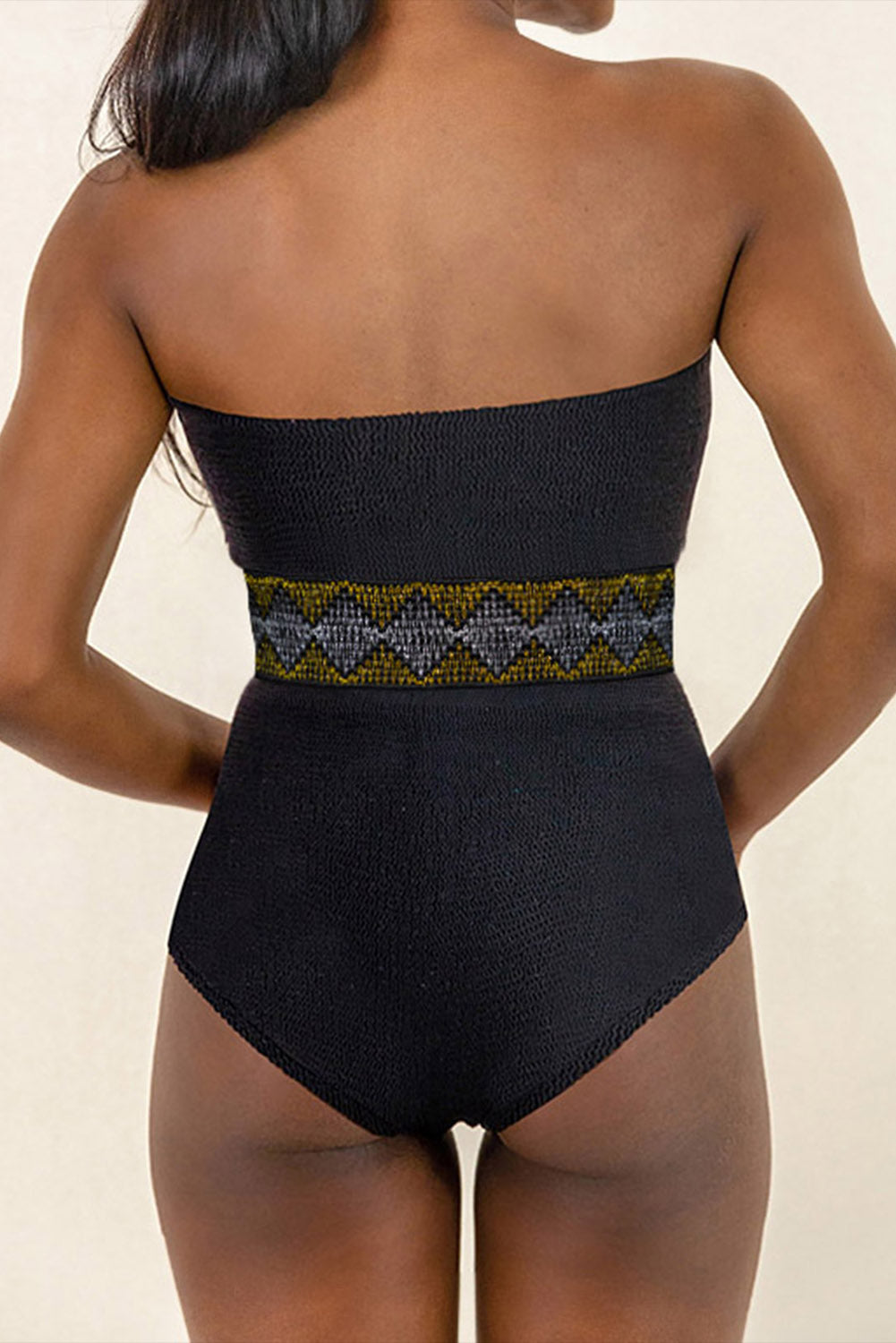 Chic Black Strapless High Waisted Geometric One Piece Swimsuit