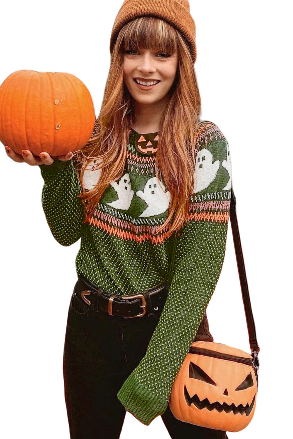 Jungle Green Spooky Ghost Drop Shoulder Sweater