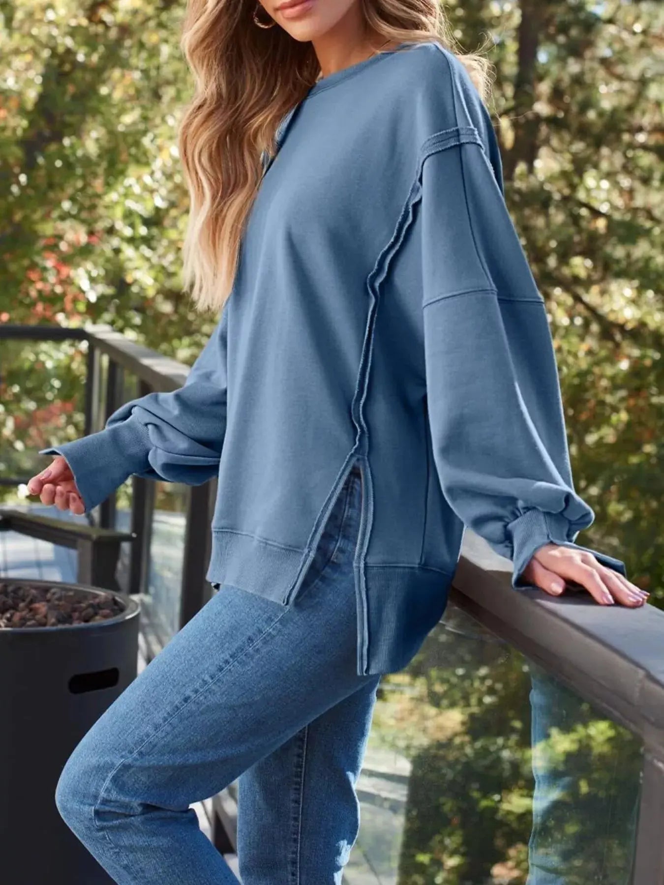 Side Slit Long Sleeve Oversized Sweatshirt Simply Love