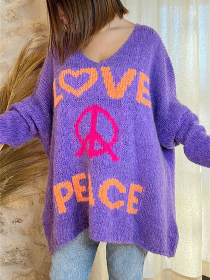 Peace Graphic V-Neck Long Sleeve Sweater.