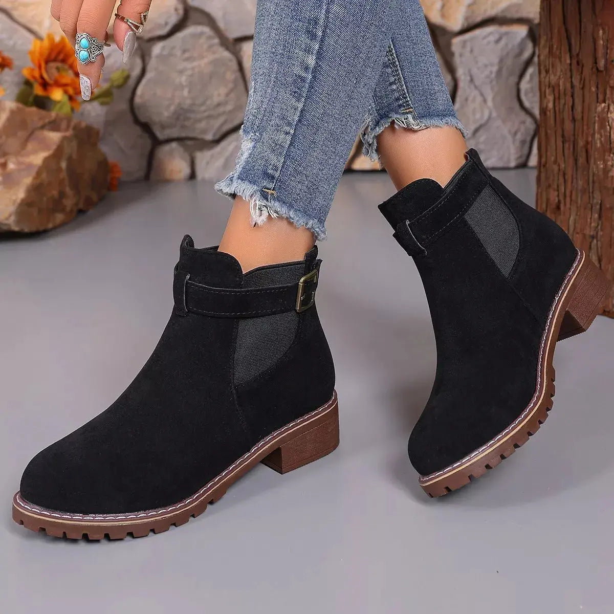Women Round Toe Block Heel Ankle Boots Buckle Strap PU Leather Black Simply Love