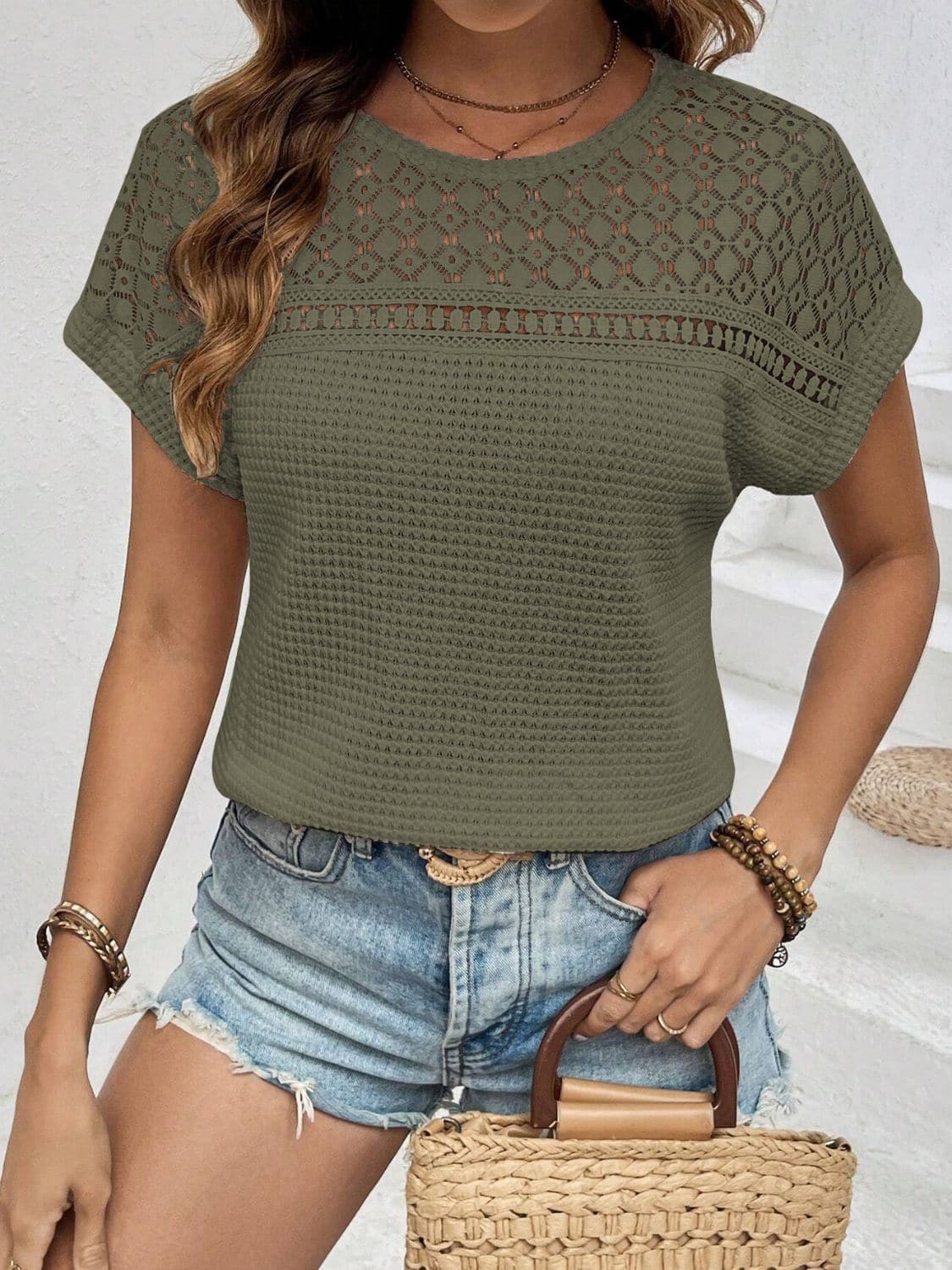 Waffle-Knit Round Neck Short Sleeve Top.