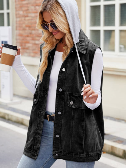 Drawstring Hooded Sleeveless Denim Jacket.