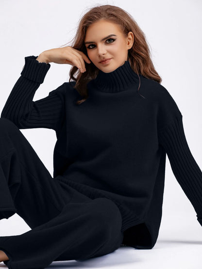 Chic Basic High-Low Turtleneck Sweater Set with Pants