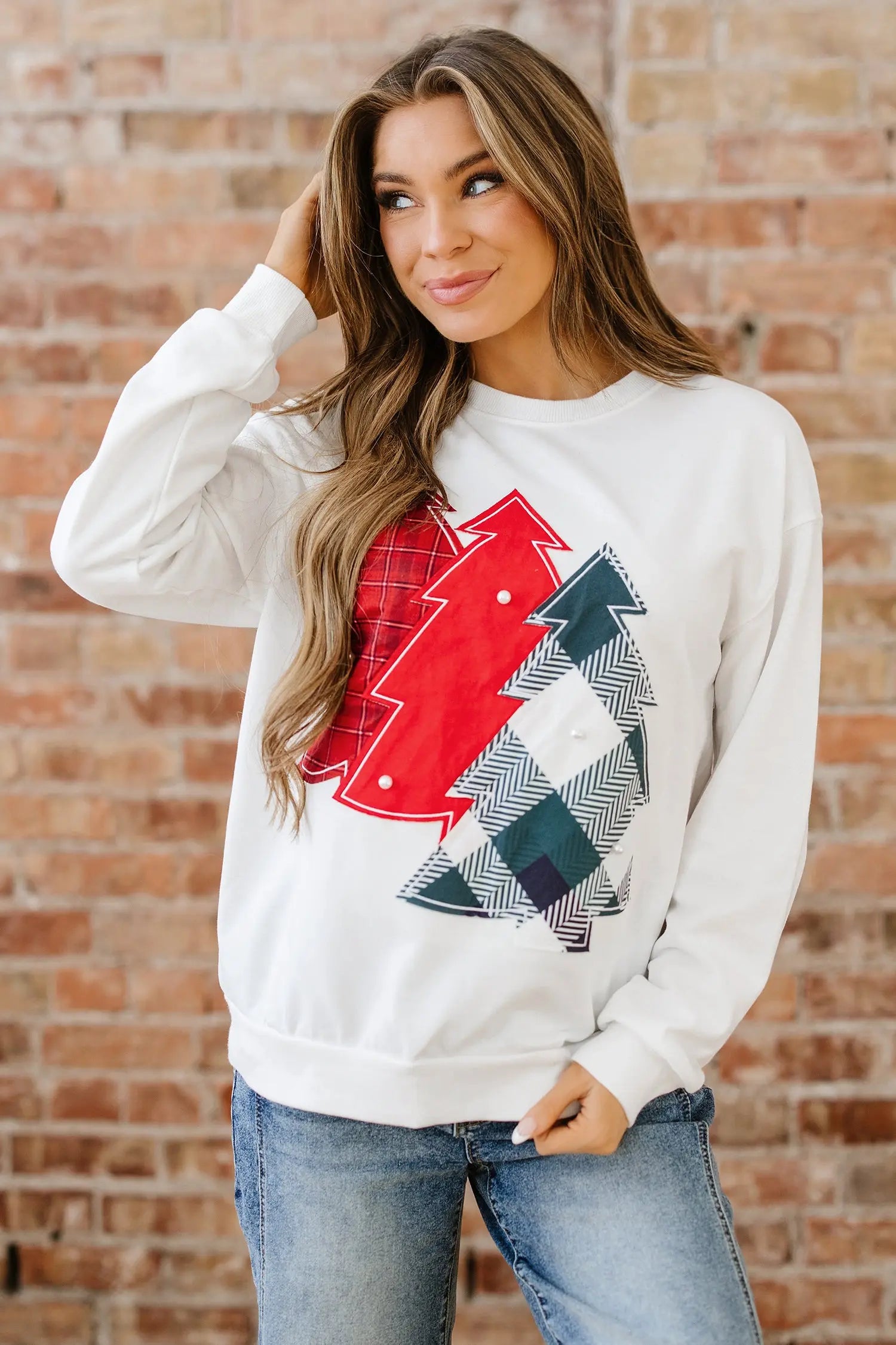 White Pearl Plaid Christmas Tree Patched Drop Shoulder Sweatshirt Dear-Lover Dropshipping