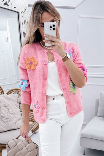 Charming pink floral knitted cardigan with button detail