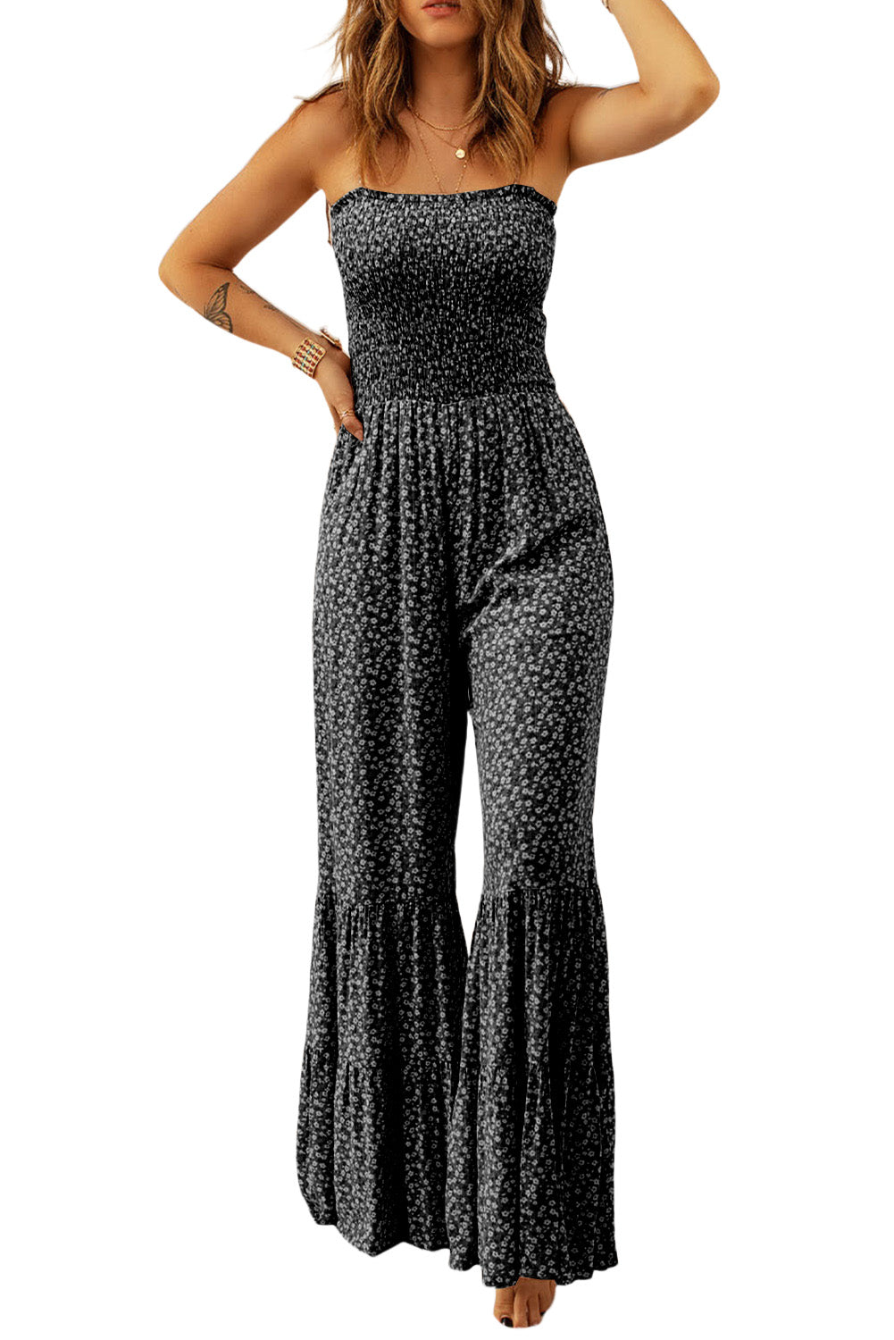 Floral wide-leg jumpsuit with smocked bodice and thin straps