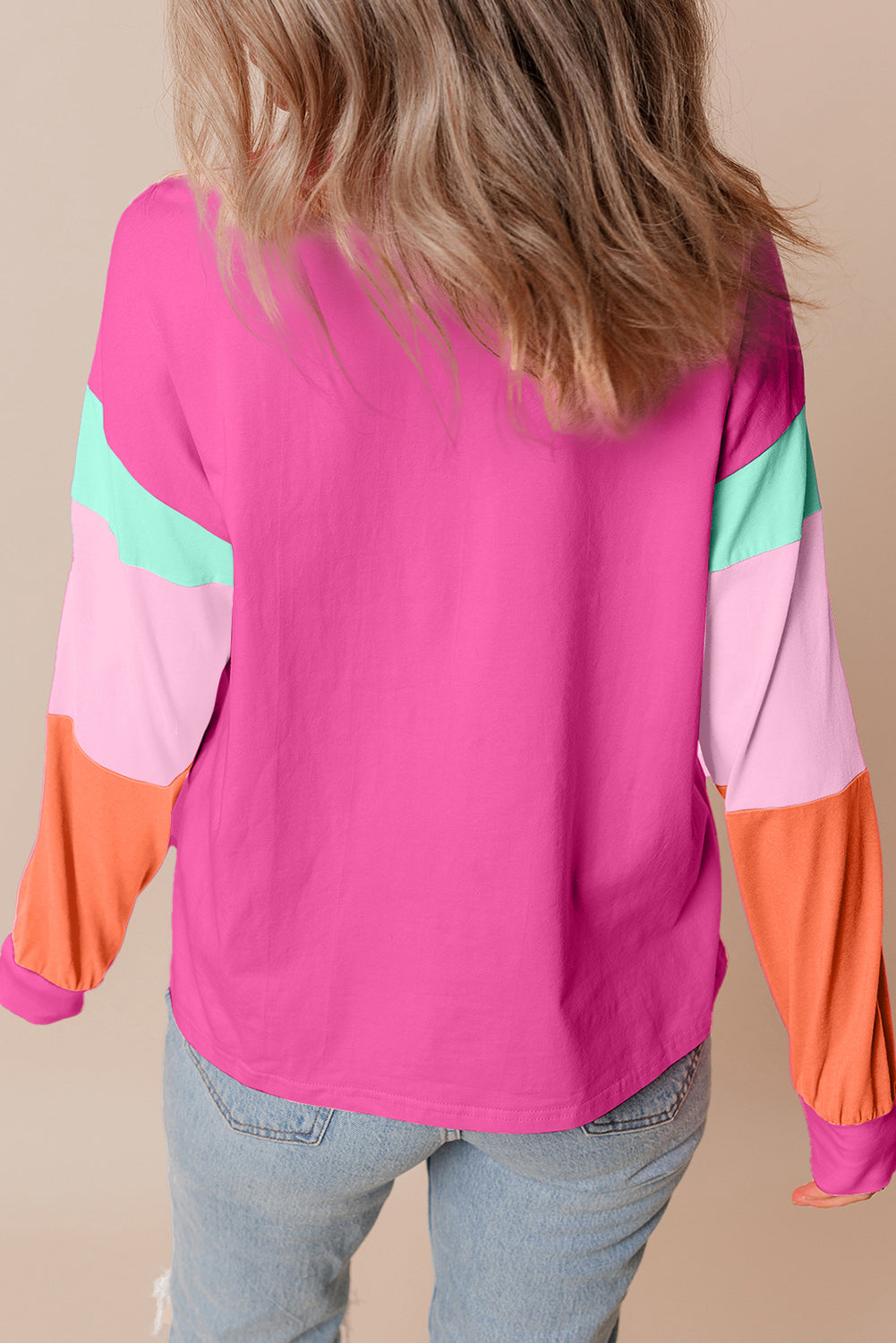 Chic rose red colorblock patchwork long sleeve top for a relaxed fit