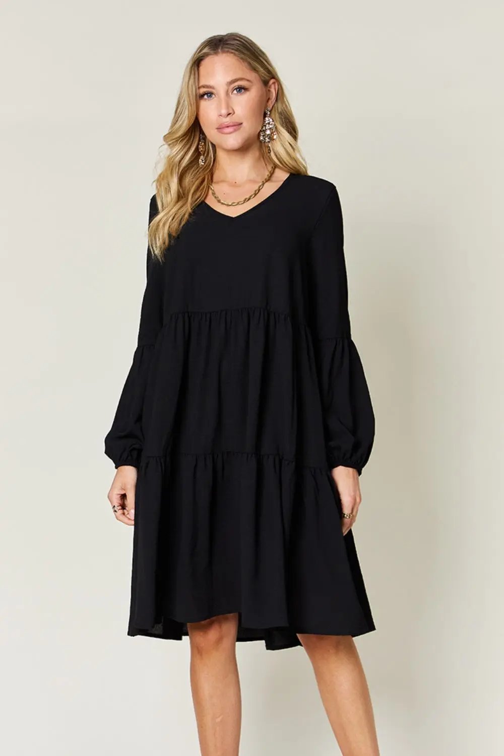 Double Take Full Size V-Neck Balloon Sleeve Tiered Dress - Love Salve