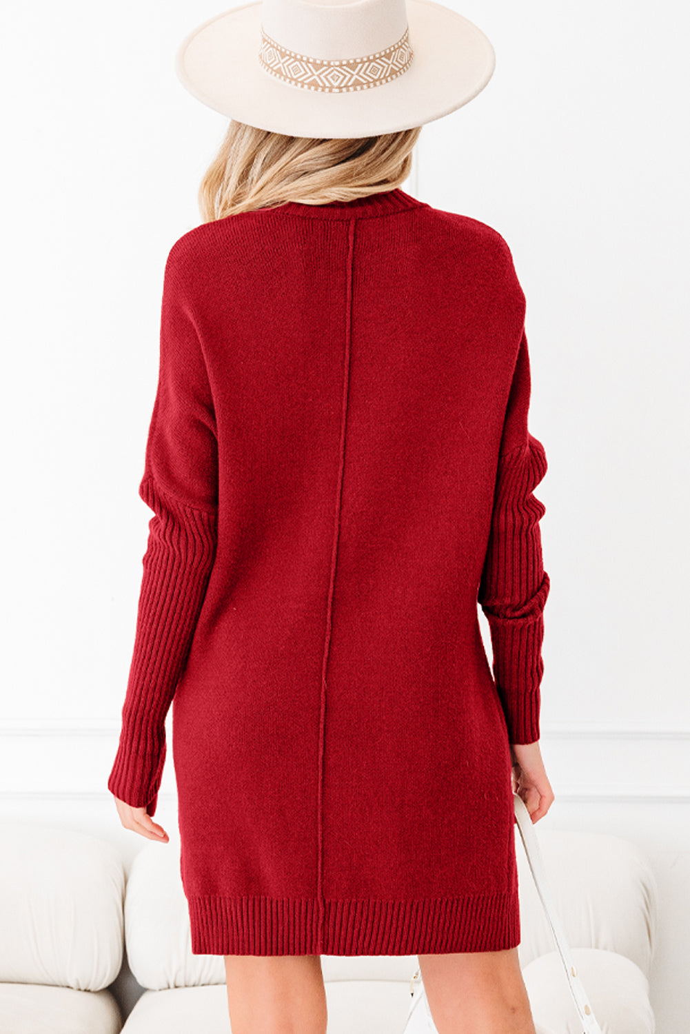 Fiery Red Ribbed High Neck Front Pockets Center Seam Shift Sweater Dress Dear-Lover Dropshipping