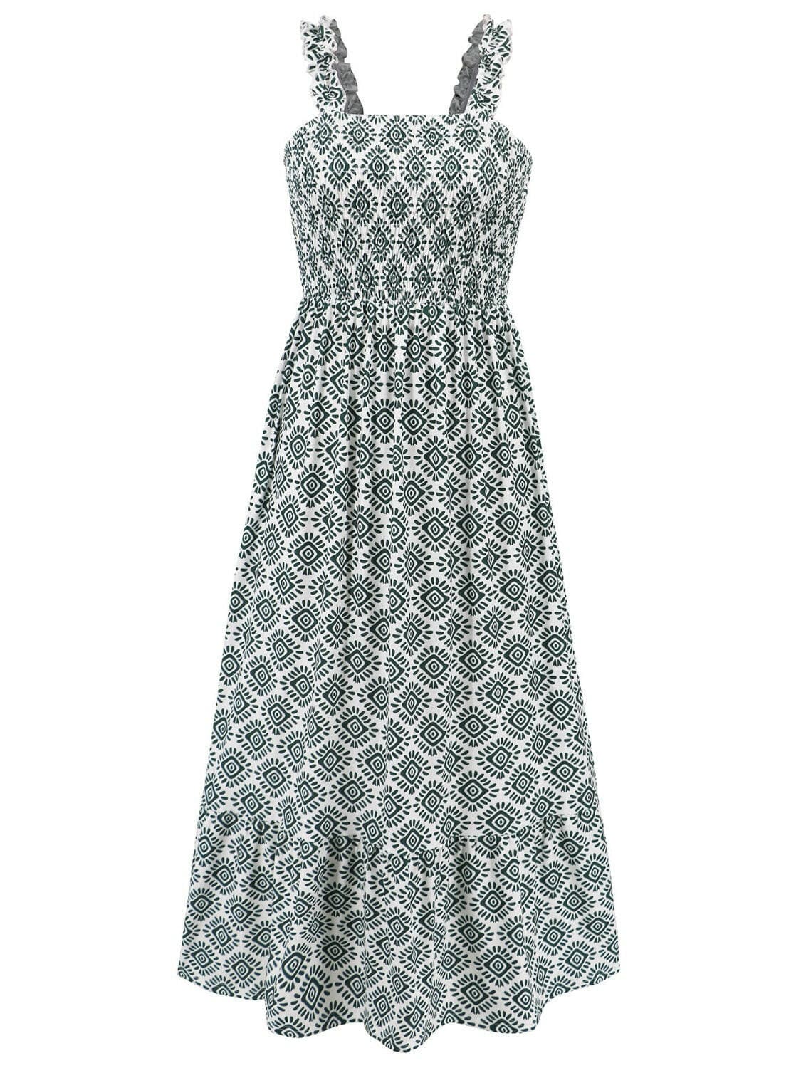 Smocked Printed Square Neck Sleeveless Dress.