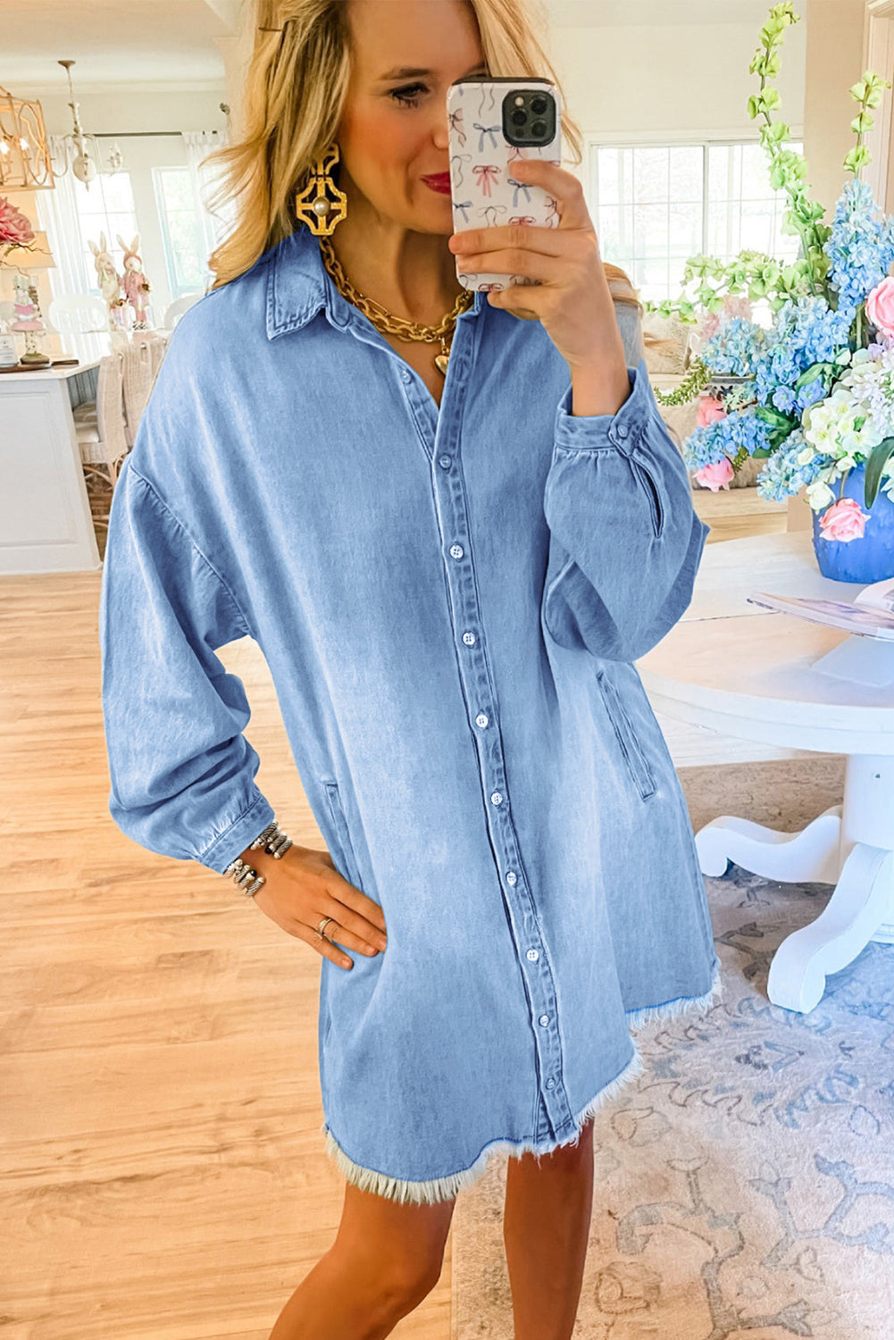 Chic Beau Blue Denim Shirt Dress with Frayed Hem