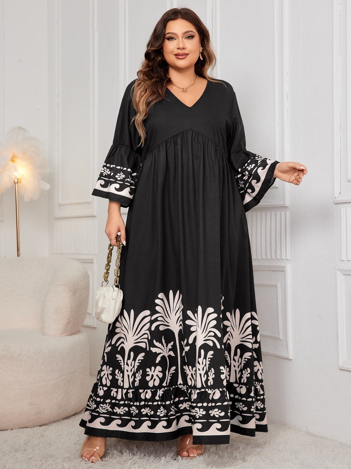 Plus Size Printed V-Neck Long Sleeve Maxi Dress.