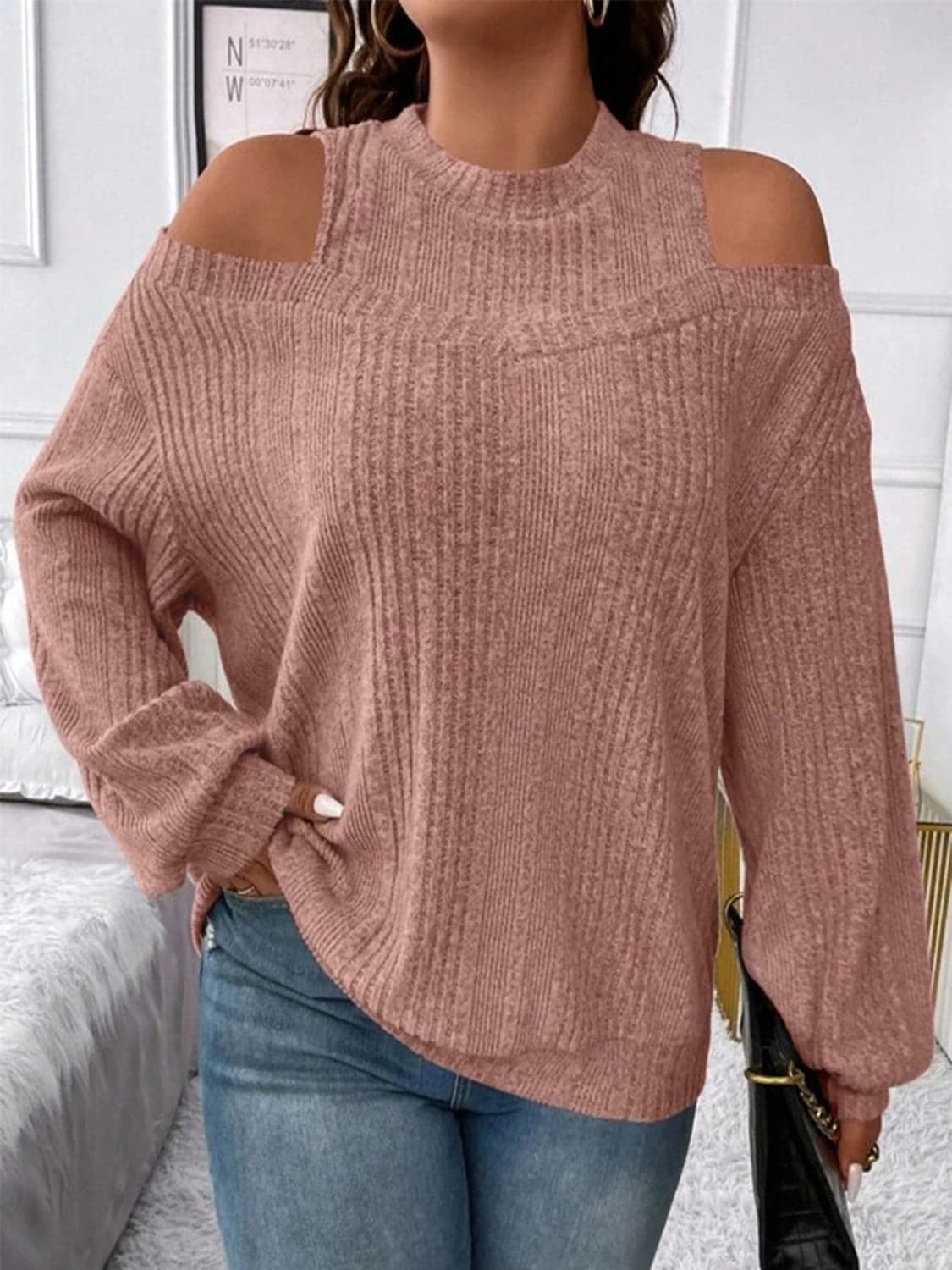 Round Neck Cold Shoulder Sweater.