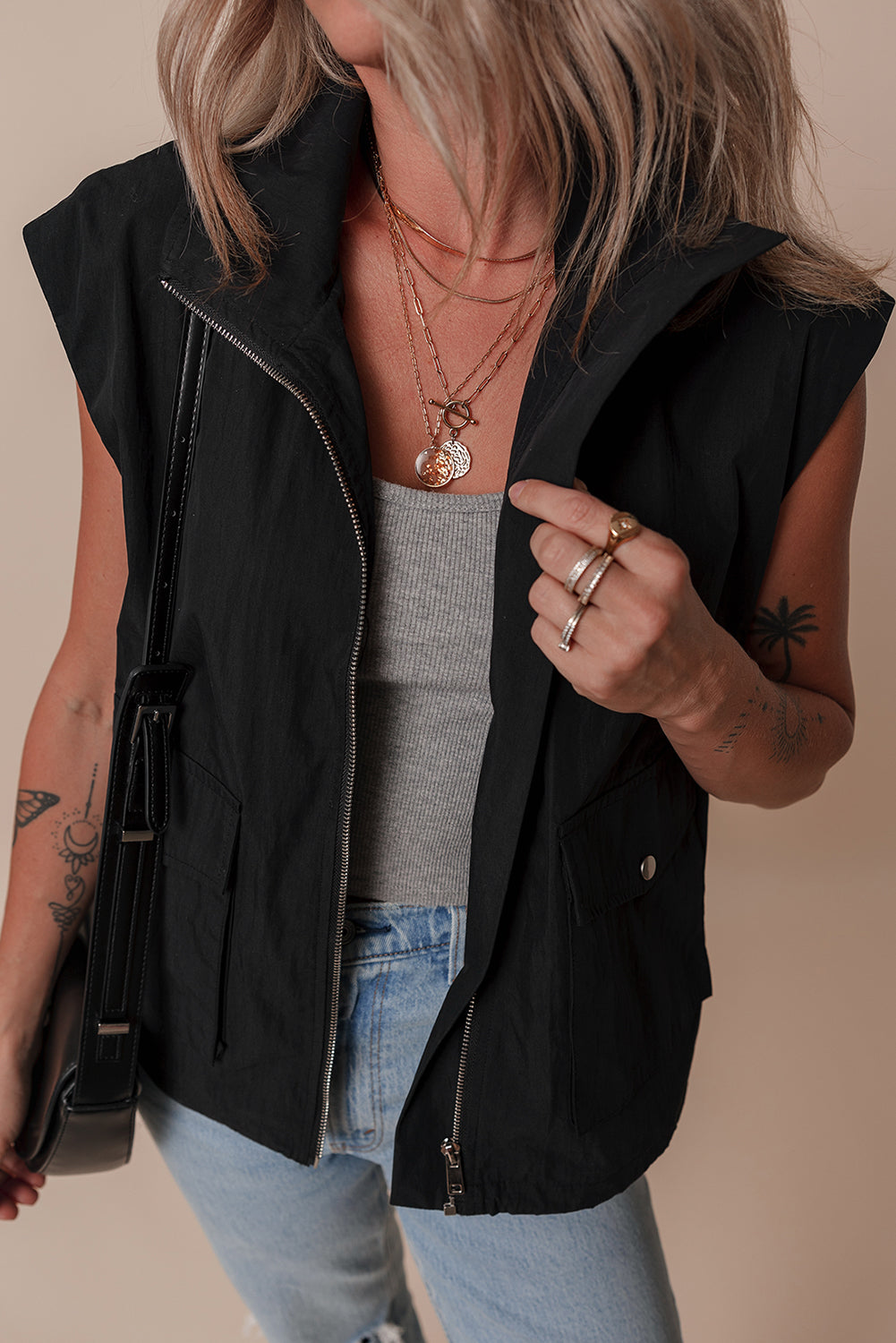 Chic black zip-up high neck vest