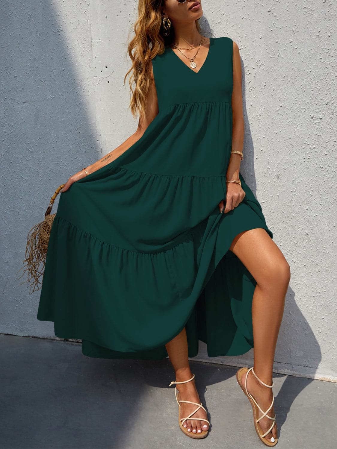 Tiered V-Neck Sleeve Dress.