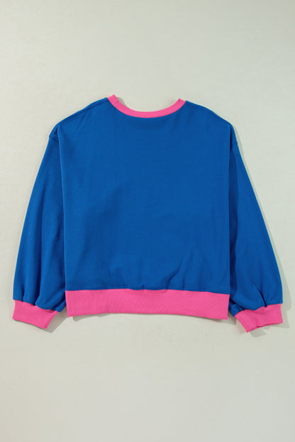 Chic sky blue color block balloon sleeve sweatshirt for plus sizes