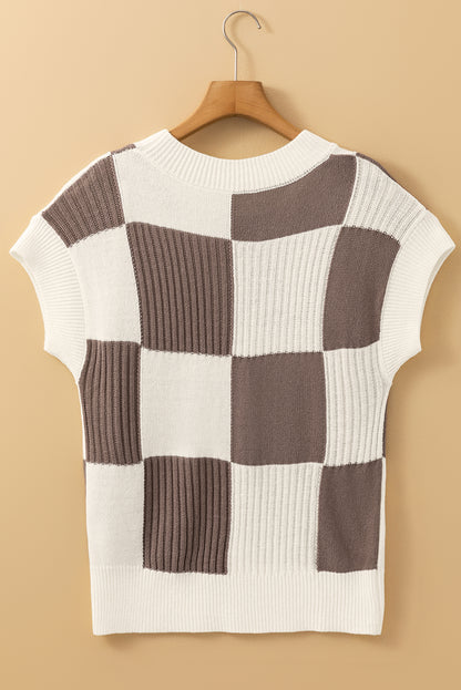 Khaki Checkered Color Block Crew Neck Short Sleeve Sweater