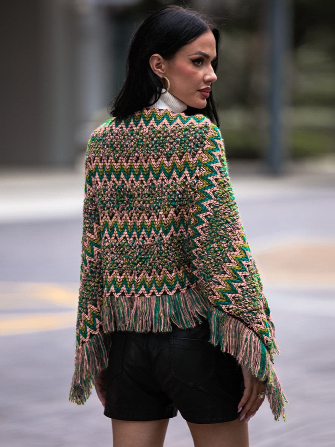 Fringe Hem Boat Neck Poncho.