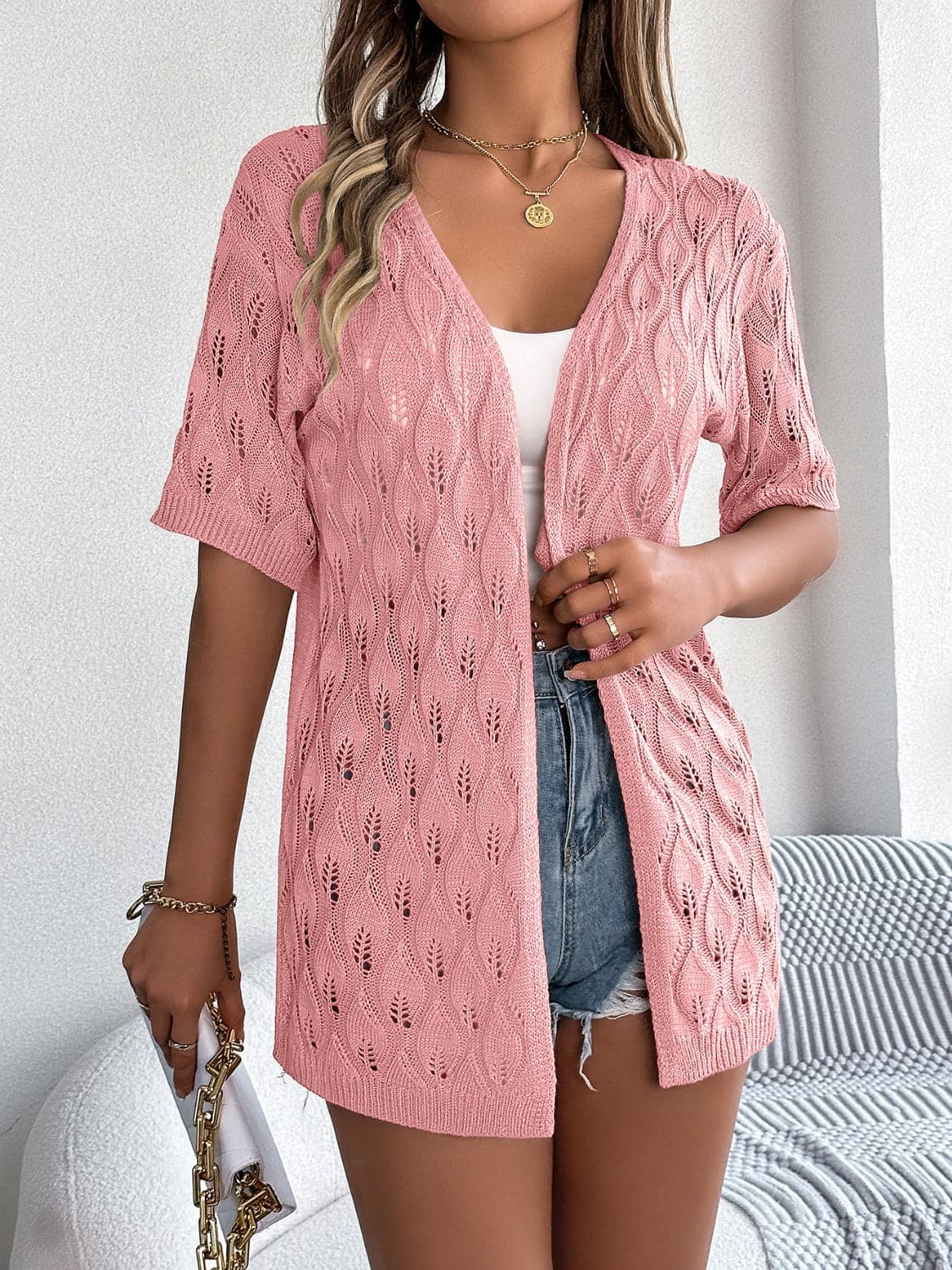 Openwork Open Front Short Sleeve Cardigan.