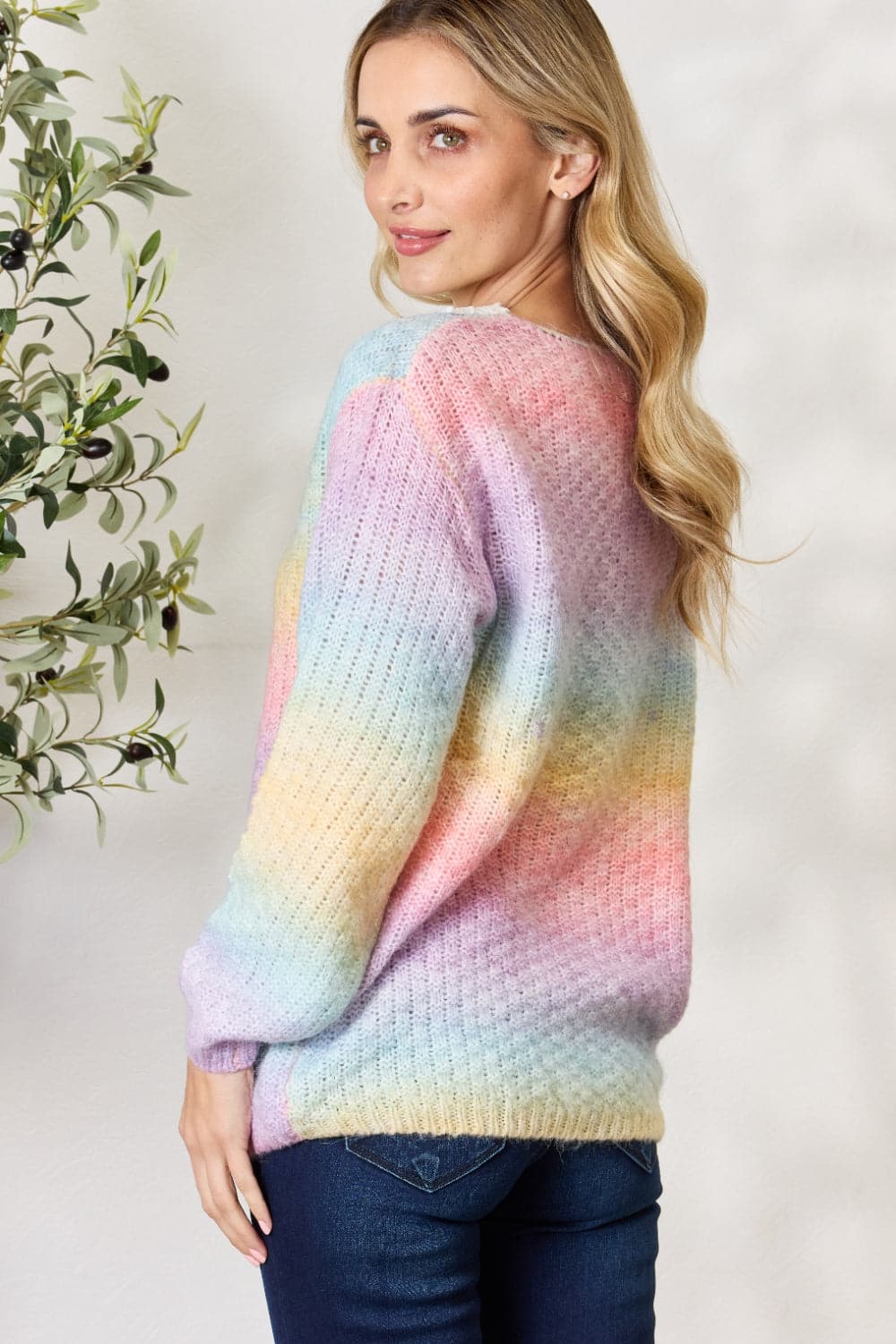 BiBi Rainbow Gradient Crochet Deetail Sweater.