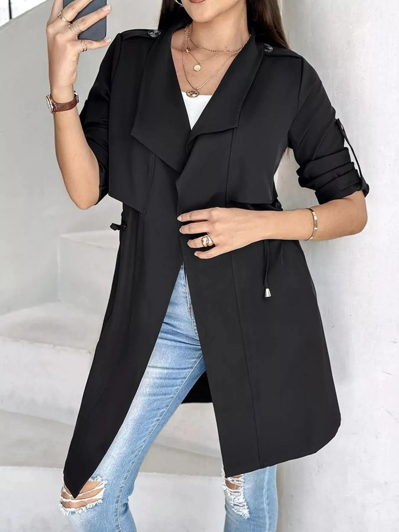 Beige Drape Collar Lightweight Trench Coat With Pockets And Drawstring Simply Love