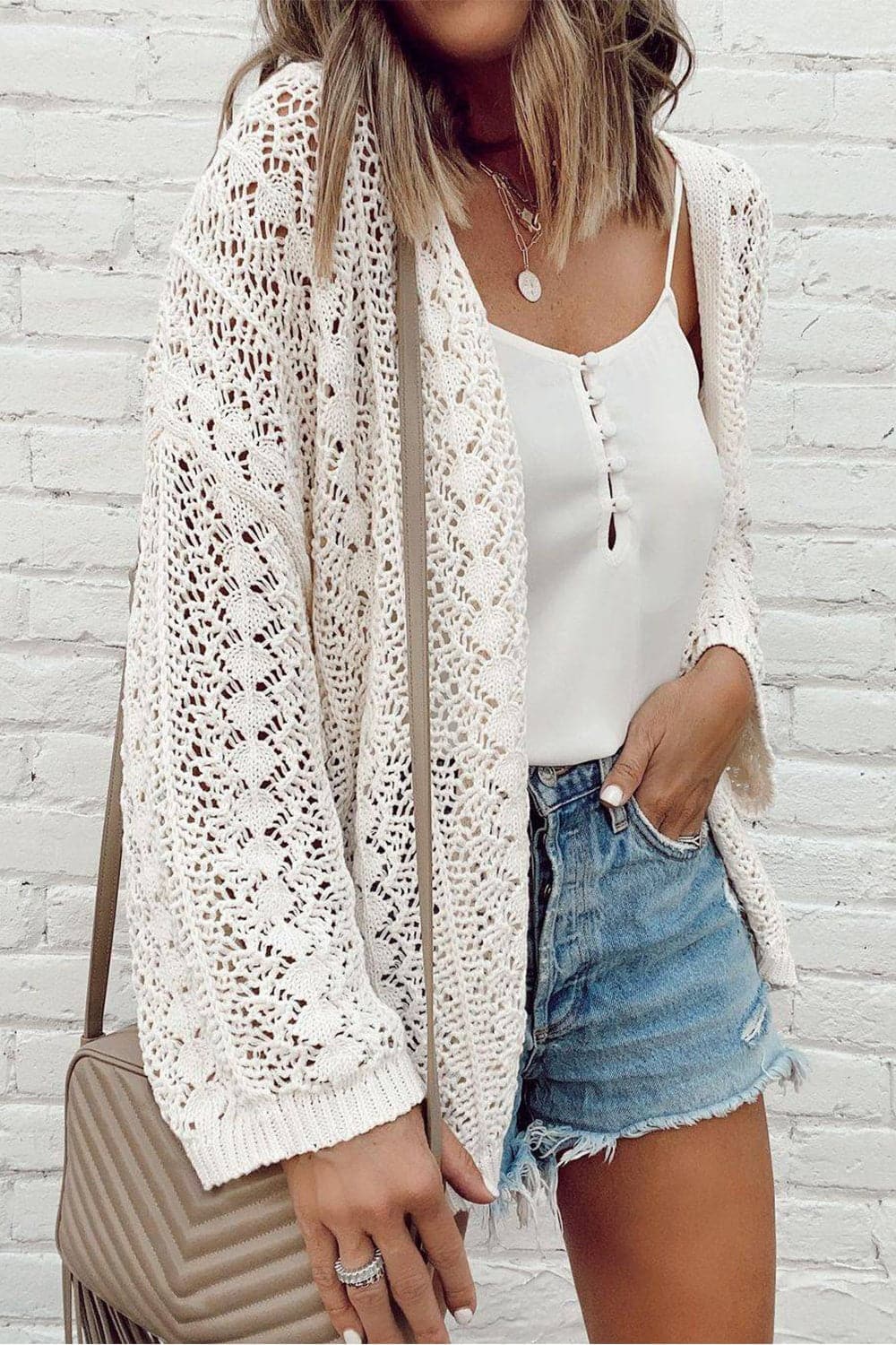 Openwork Open Front Dropped Shoulder Cardigan.