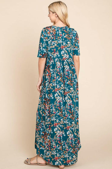 BOMBOM Printed Shirred Maxi Dress.