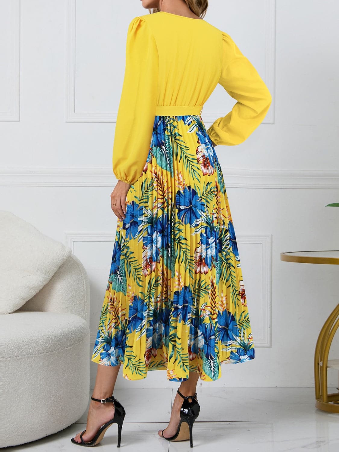 Pleated Printed Surplice Long Sleeve Dress.