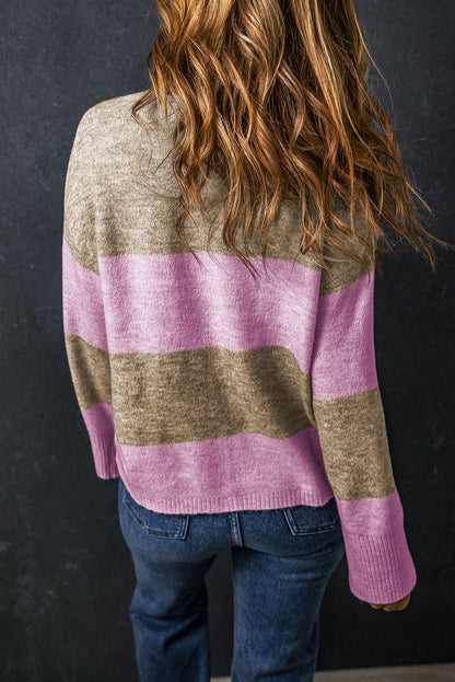 Color Block Round Neck Long Sleeve Sweater.