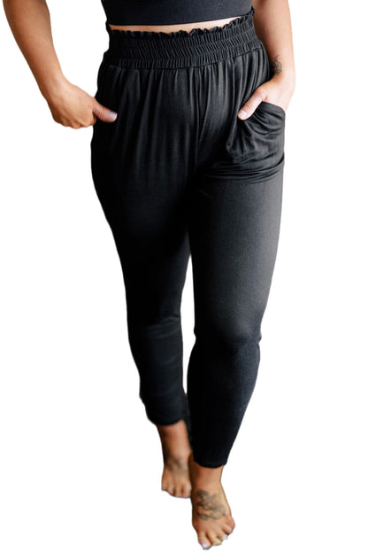 Elegant black plus size high waist frill soft pants with pockets