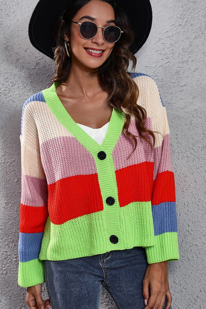 Color Block Button-Down Dropped Shoulder Cardigan.