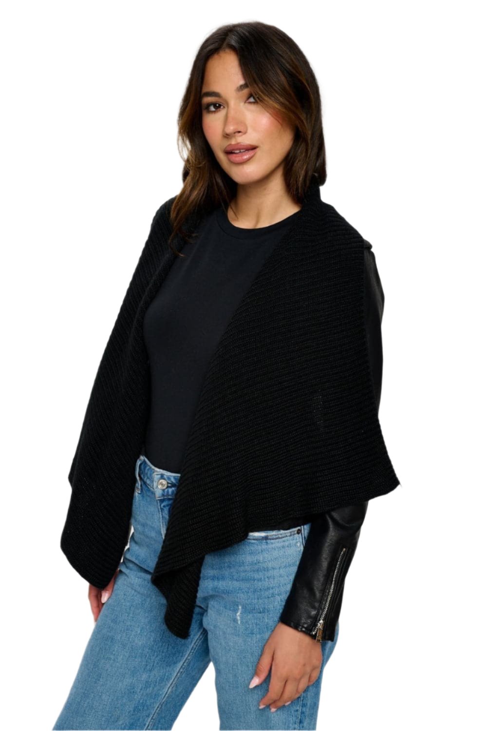 Knit-collared vegan leather crop jacket