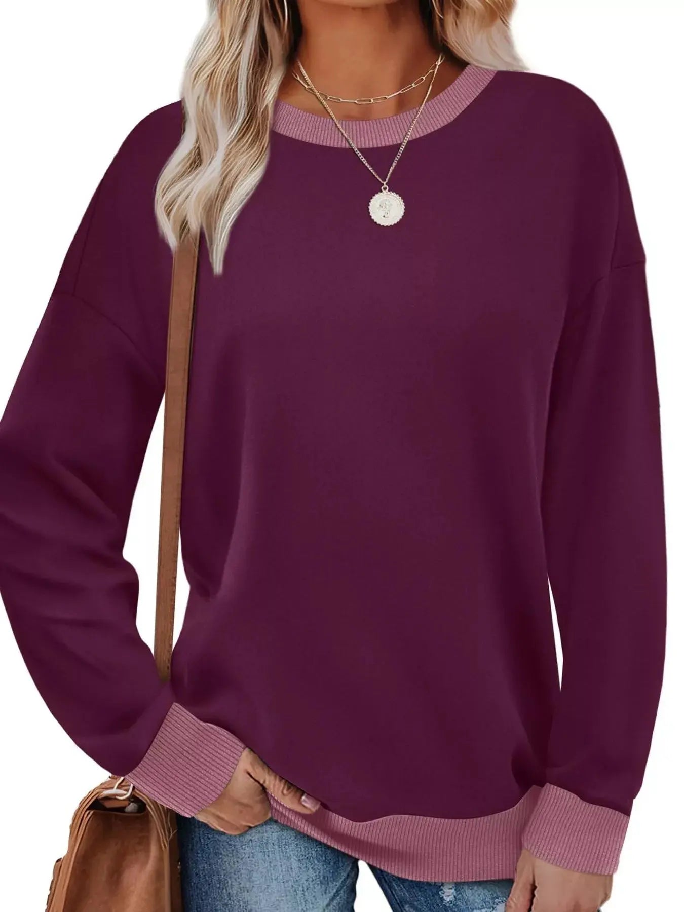 Contrast Trim Crew Neck Casual Sweatshirt Simply Love
