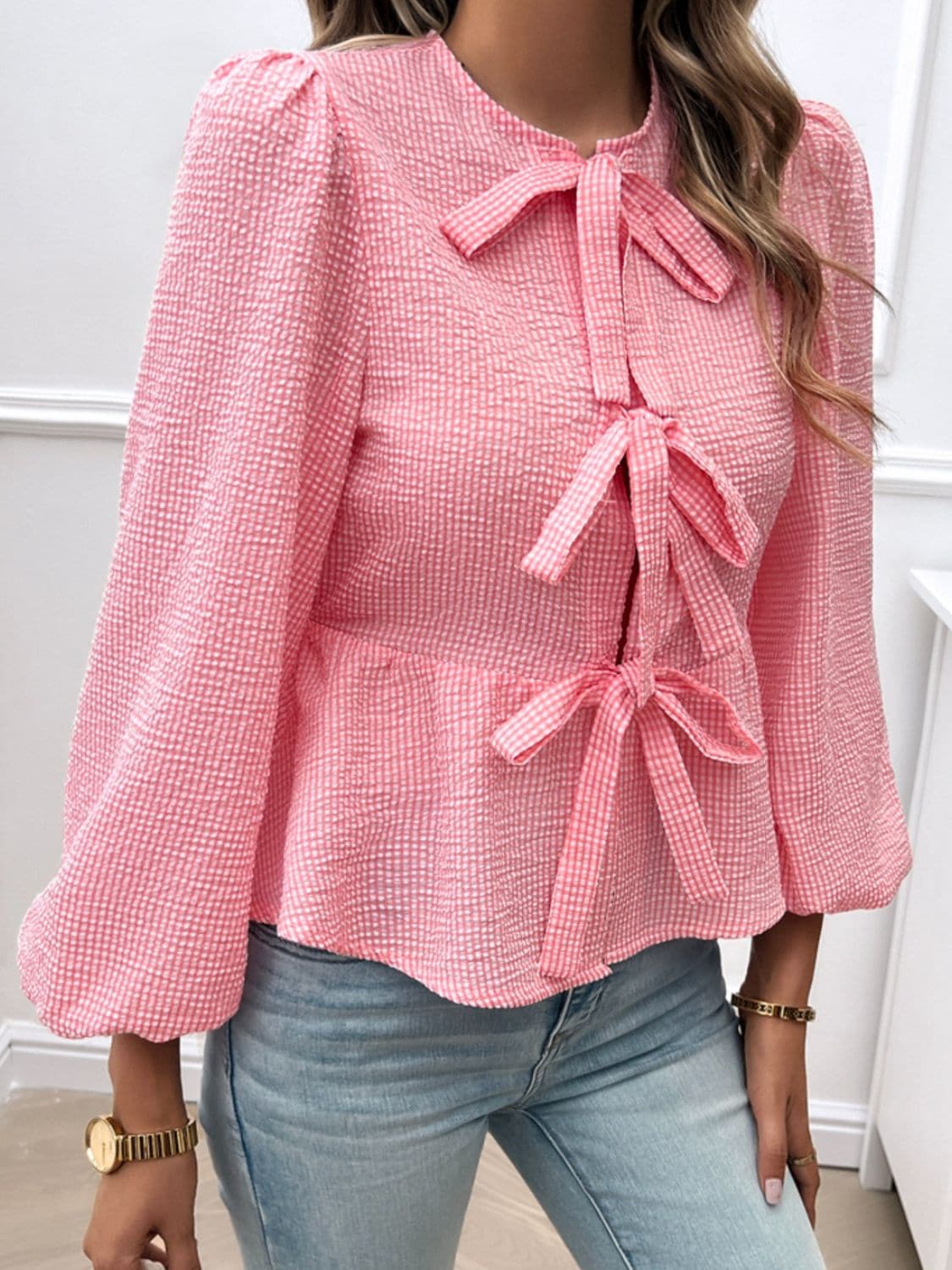 Tied neck sheer long sleeve blouse