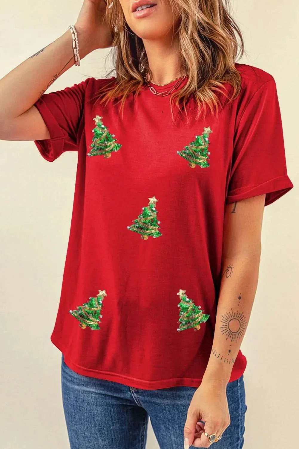 Sequin Christmas Tree red round neck short sleeve T-shirt.