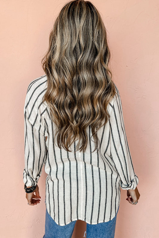 Black Stripe Chest Pocket Buttoned Oversized Shirt for Women