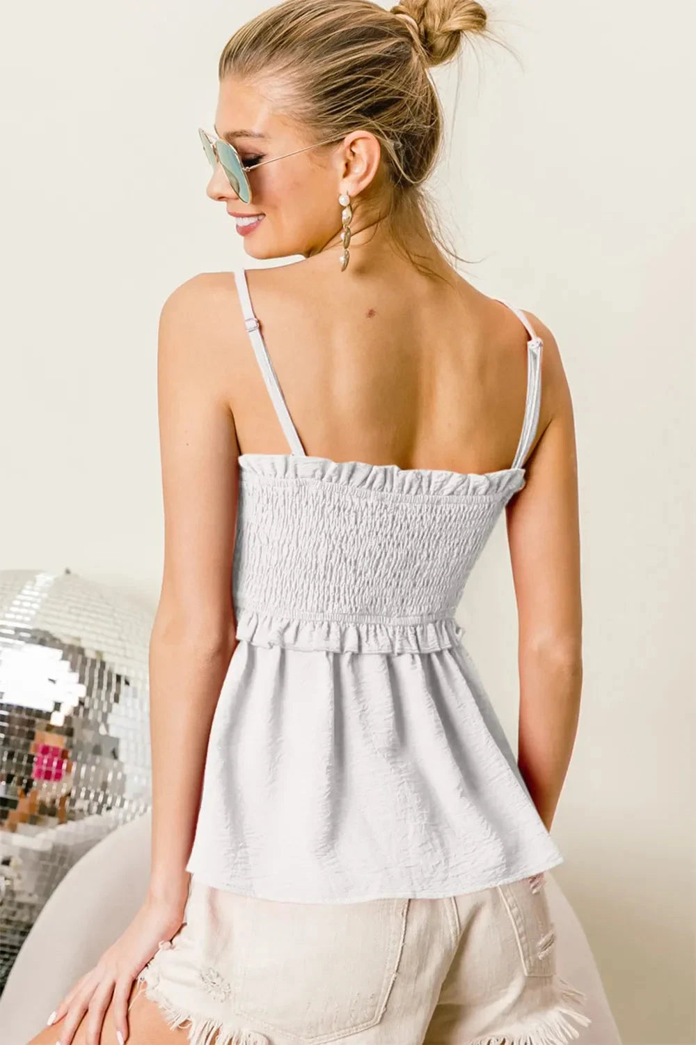 BiBi Ruffle Edge Smocking Babydoll Cami Coco’s Tee Boutique