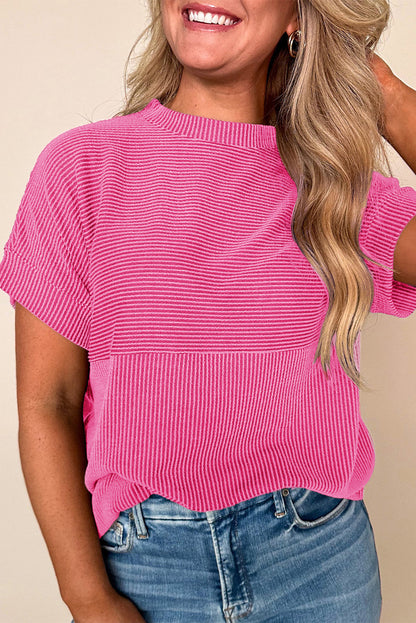 Bright Pink Plain Corded Knit Mock Neck T Shirt for Women