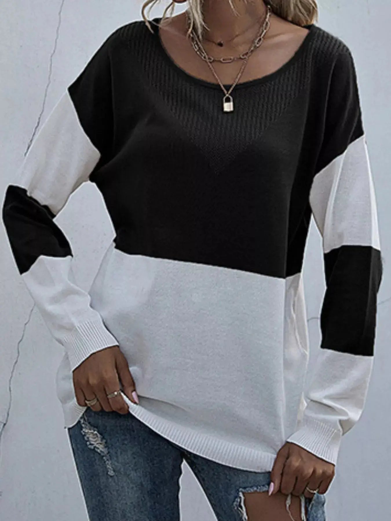 Color Block Round Neck Sweater Simply Love