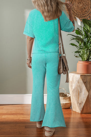 Mint Green Acid Wash Star Patched Rolled Trim Pants Set
