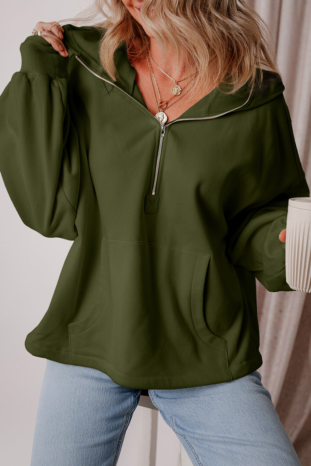 Kate Fleece Lined Half Zipper Hoodie with Kangaroo Pockets - Love Salve 